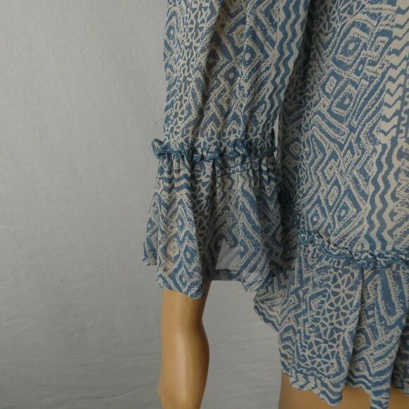 Lucky Brand Wide Neck Ruffle Detail Multi Print Lined Blouse Blue White Small - Picture 4 of 8